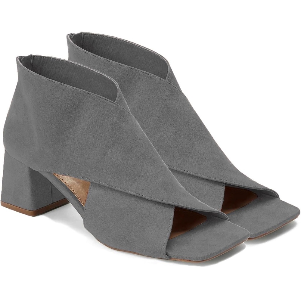 Chunky Heel Open Toe Booties Suede Side Cut-Out Ankle Boots Square Peep Toe 2”